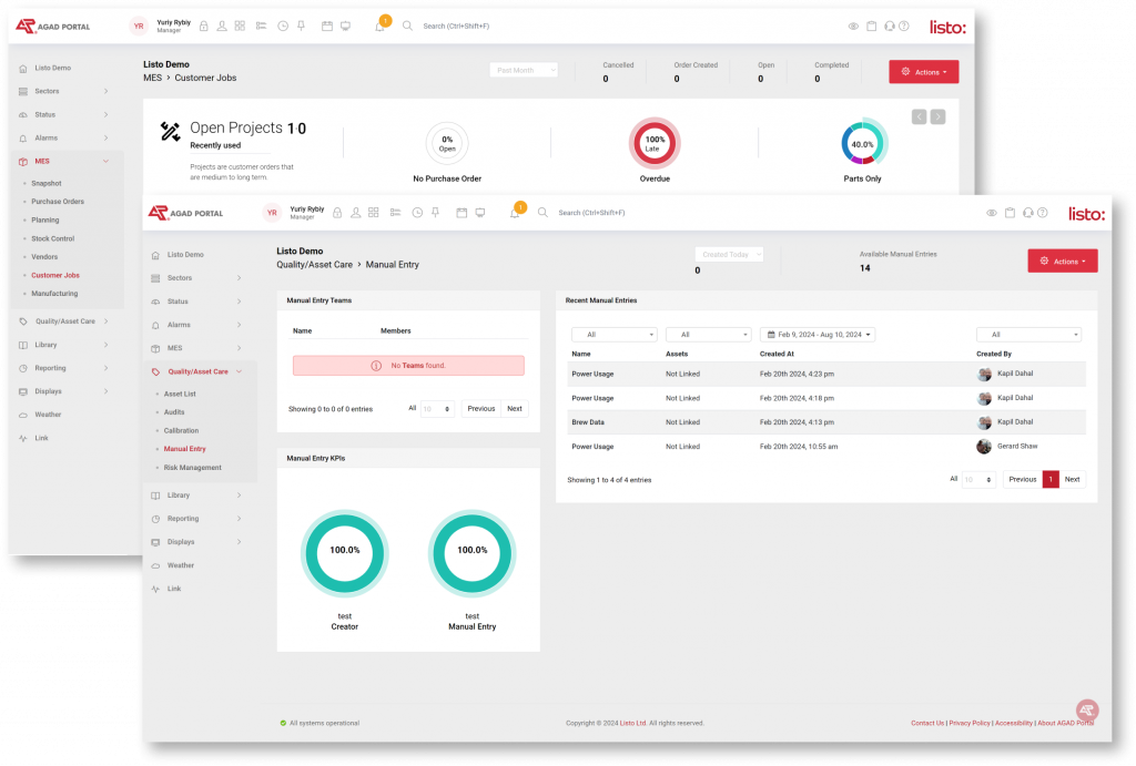 AGAD Portal dashboard showing live plant data